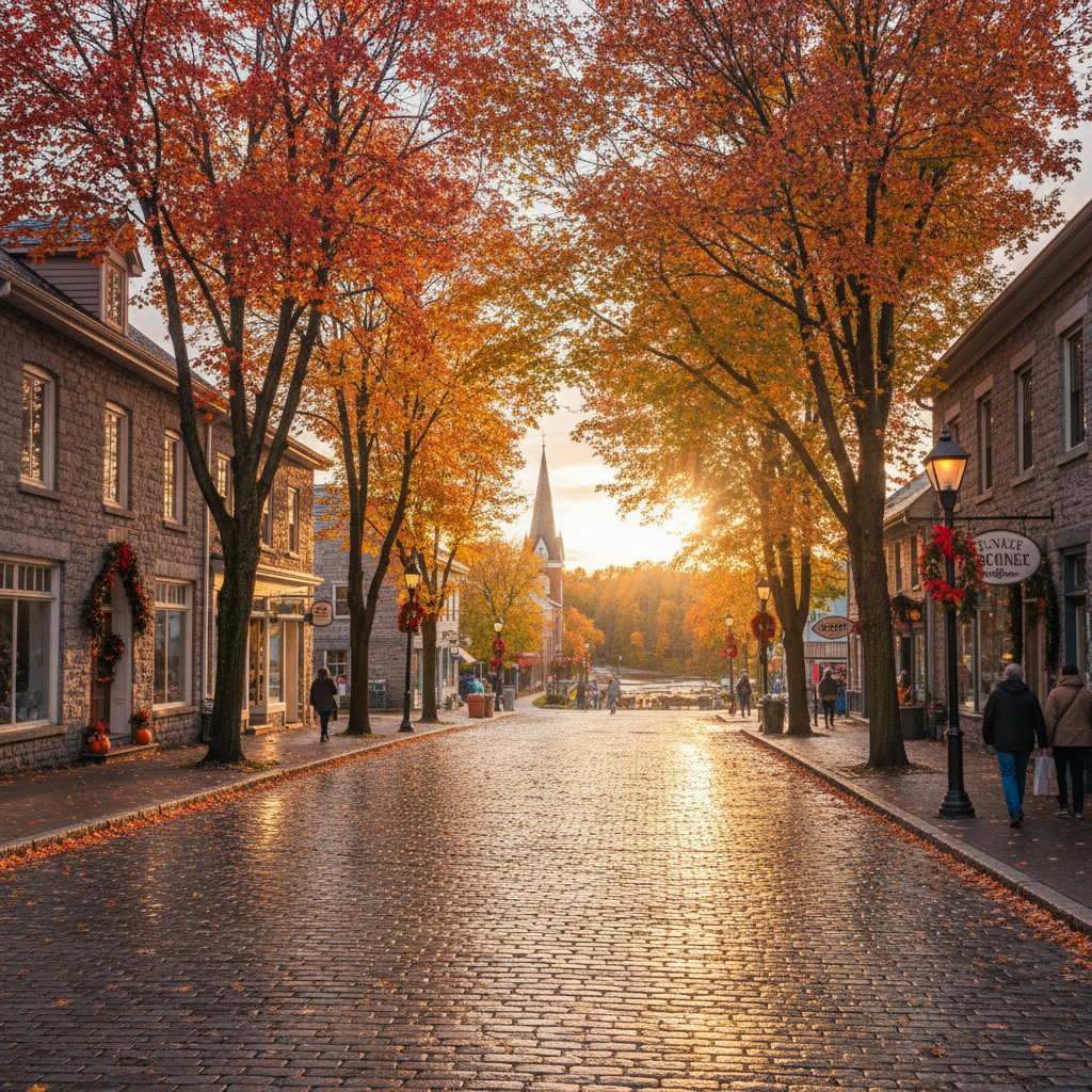 Downtown Almonte street during fall with colourful trees