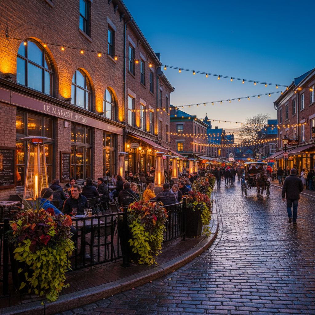 Restaurants along York Street in the ByWard Market lit up in the evening with outdoor seating