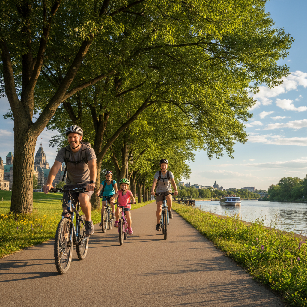 A family cycling along the Rideau Canal pathway in Ottawa during summer