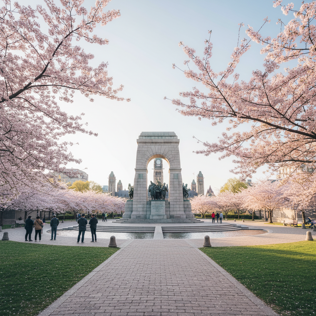 The National War Memorial in Confederation Square with the Chateau Laurier visible in the background