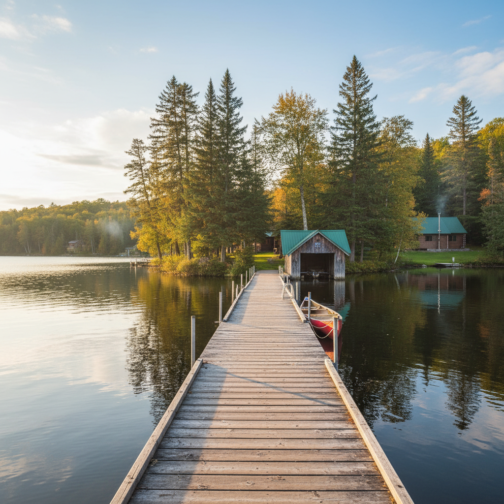 A wooden dock on a calm lake at sunset in the Rideau Lakes area south of Ottawa