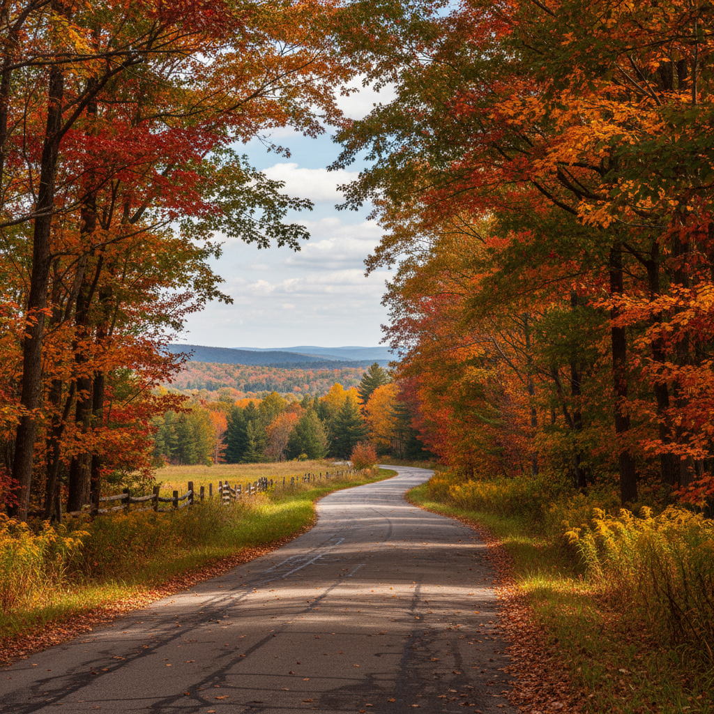 A two-lane country road winding through farmland with fall colours in eastern Ontario near Ottawa