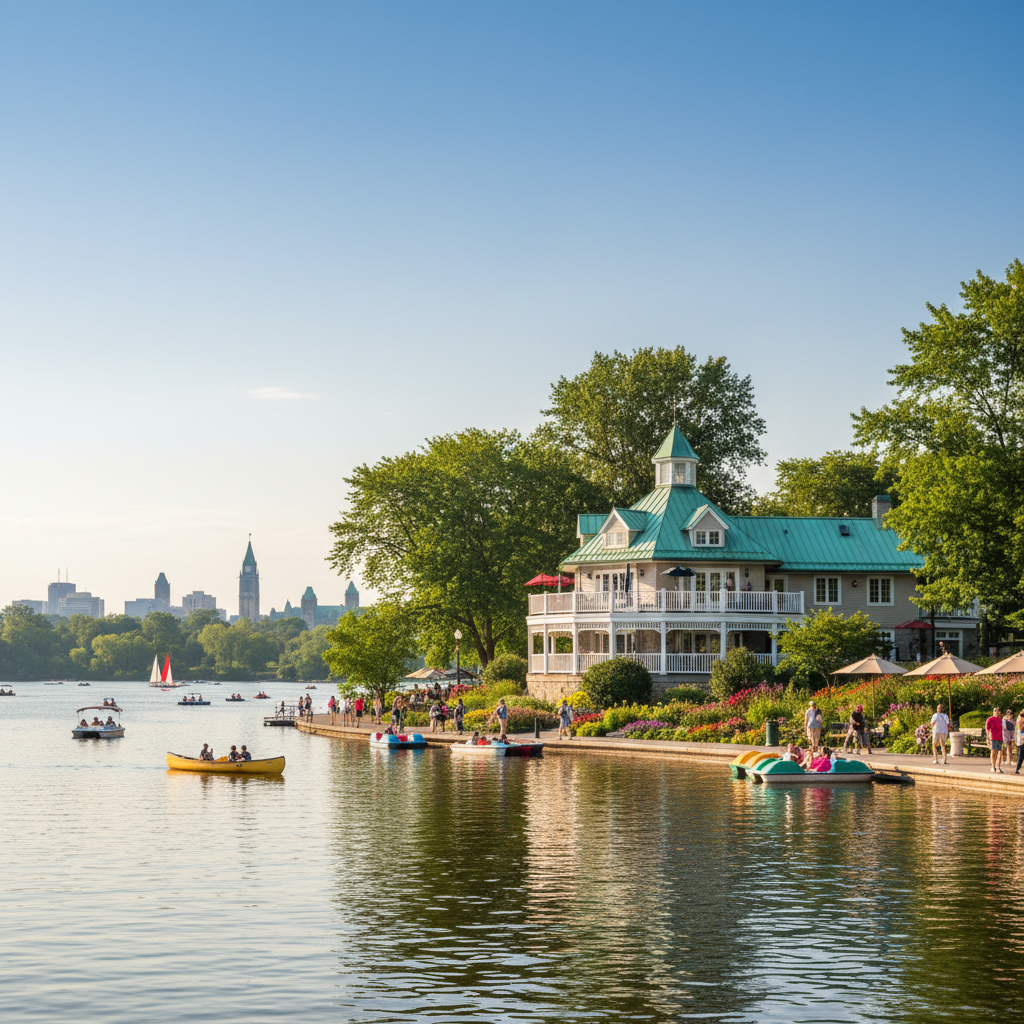 Dow's Lake Pavilion in Ottawa with people sitting on the patio and paddle boats on the water