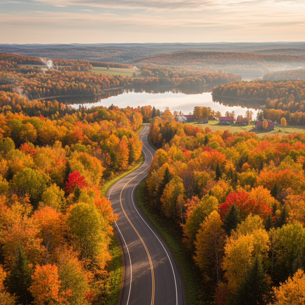 A tree-lined road in Eastern Ontario during peak fall colours with red and orange maples