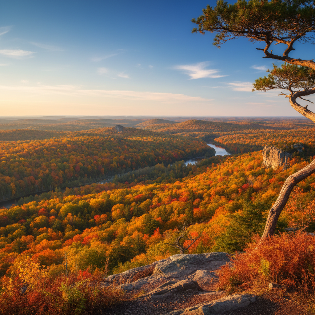View from a Gatineau Hills lookout with autumn foliage stretching to the horizon