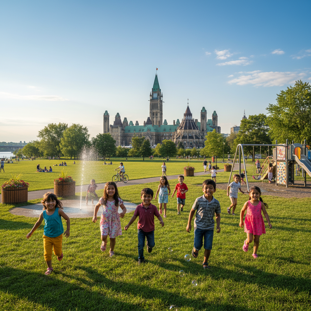 Children playing on the grass at Major's Hill Park with Parliament Hill behind them
