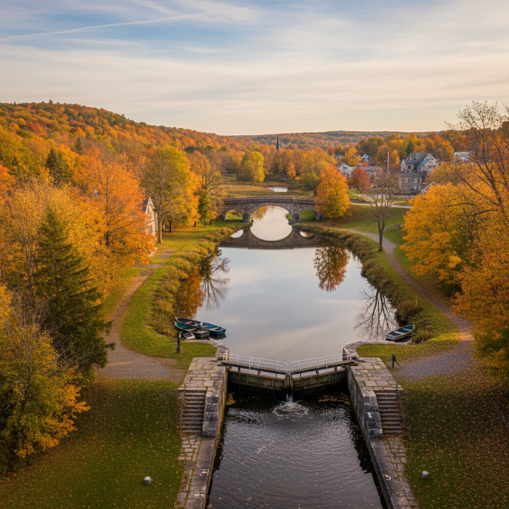 The Rideau Canal lockstation in Merrickville surrounded by fall foliage