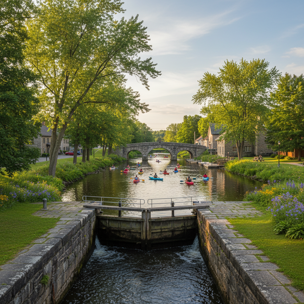 Merrickville locks along the Rideau Canal on a summer afternoon