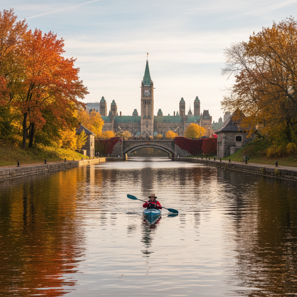 Kayakers on the Rideau Canal with green trees and the city skyline behind them