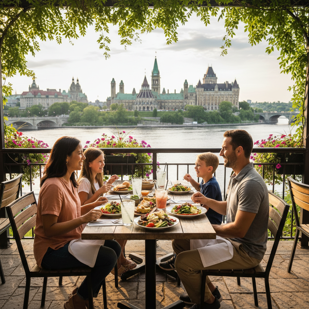 A family eating lunch on an outdoor patio in Ottawa with a view of heritage buildings