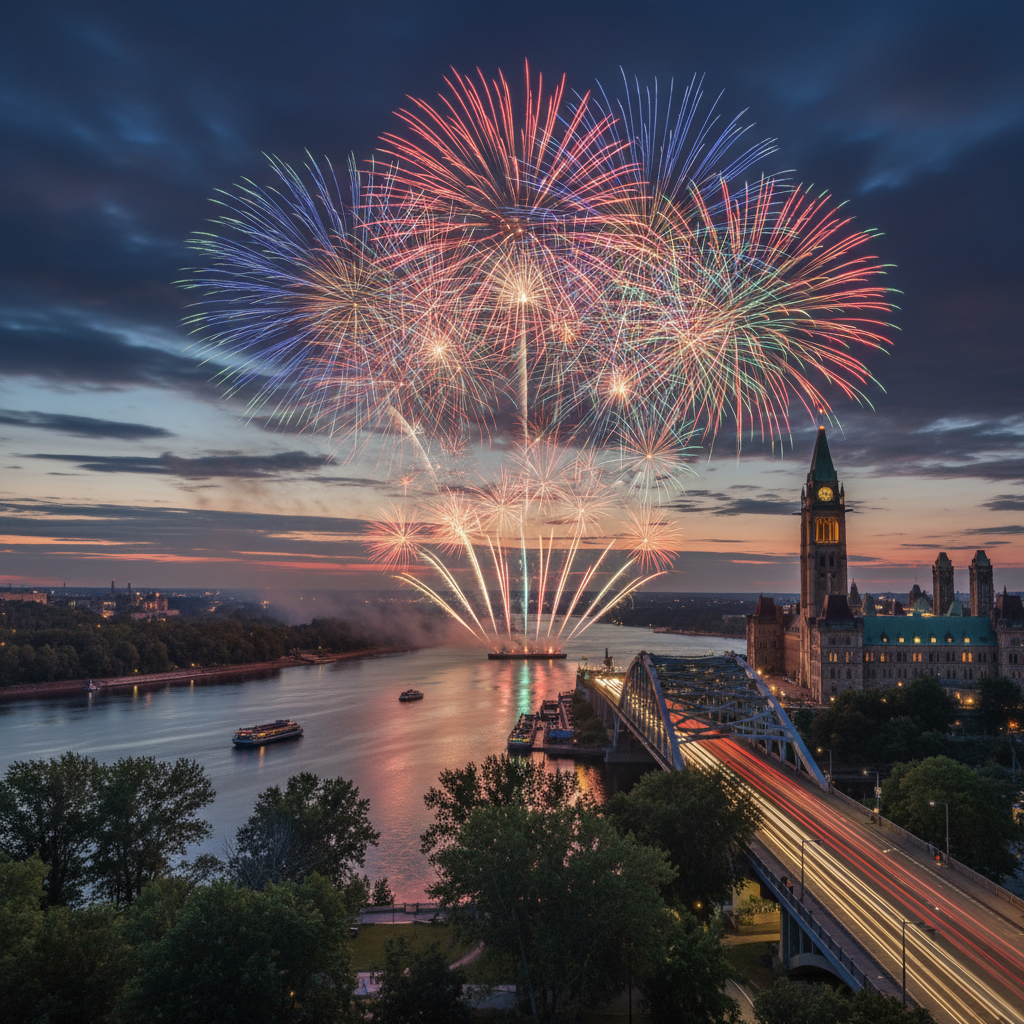 Fireworks over Parliament Hill on a summer evening in Ottawa