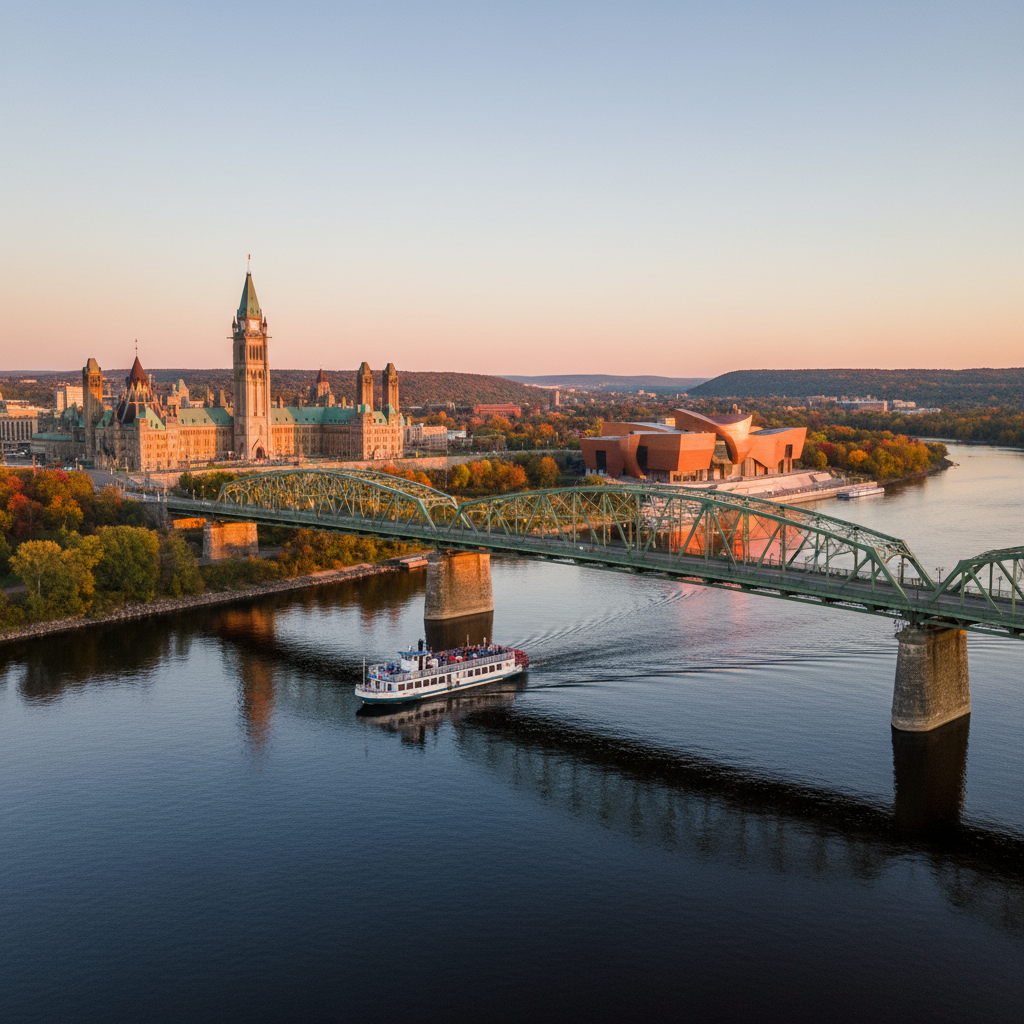 View across the Alexandra Bridge from Ottawa to Gatineau with the Museum of History visible