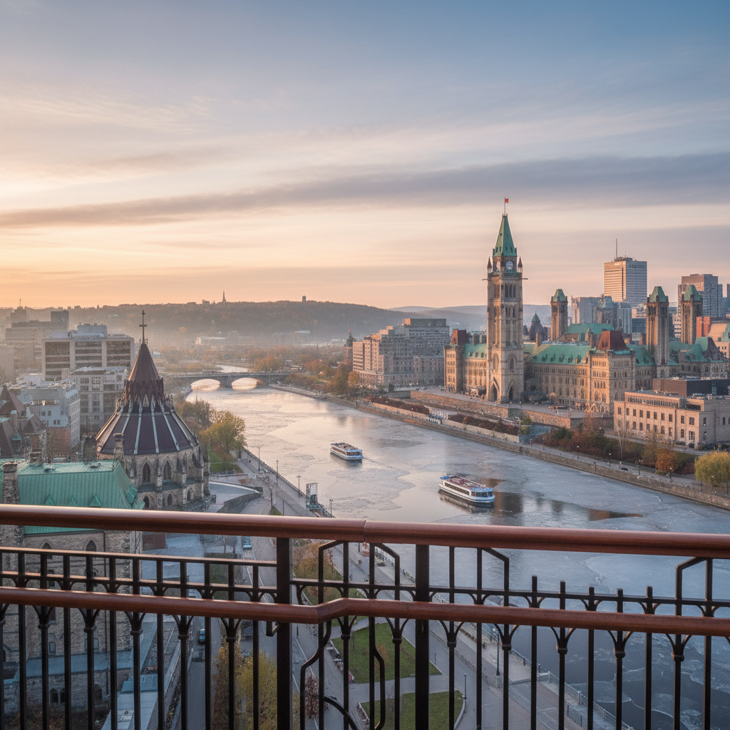 View from a hotel window overlooking the Ottawa River and Gatineau Hills