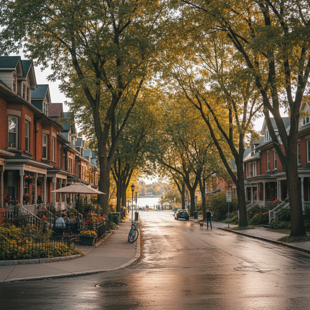 Tree-lined street in the Glebe neighbourhood with shops and pedestrians