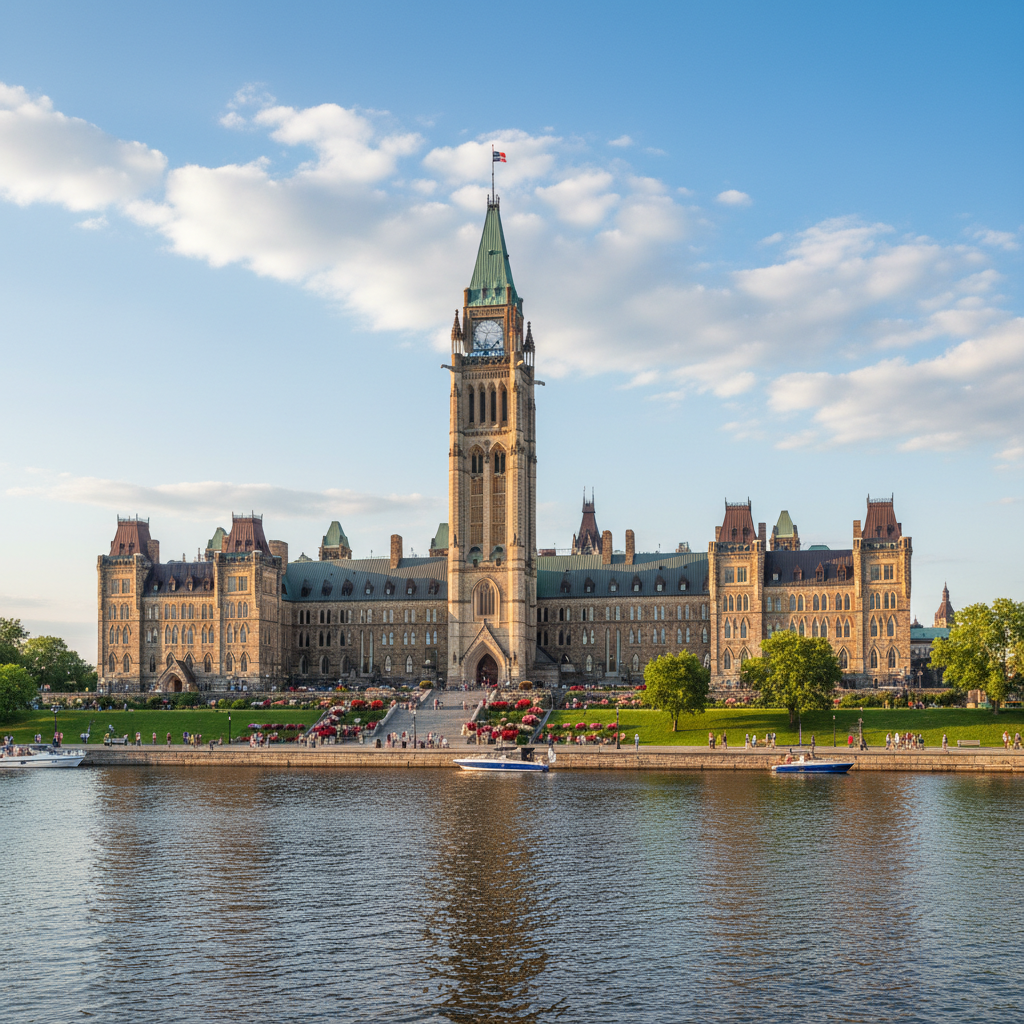 Parliament Hill on a summer afternoon with visitors on the front lawn