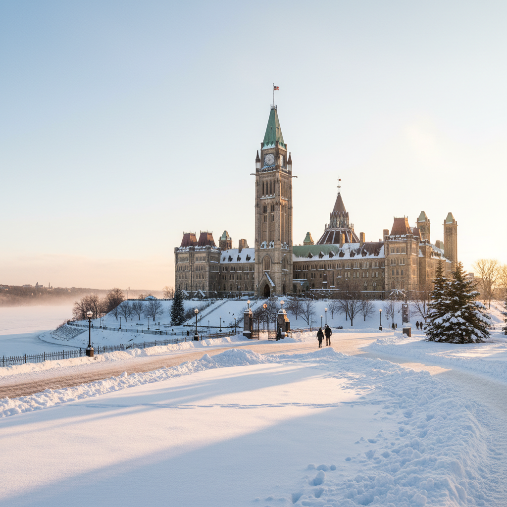 Parliament Hill covered in snow with the Peace Tower against a grey sky