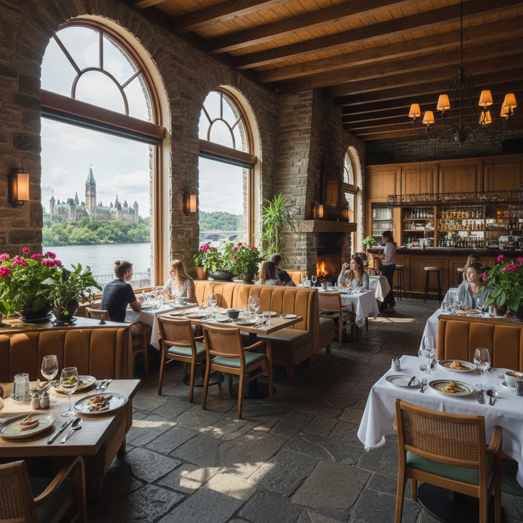 Warm interior of an Ottawa restaurant with exposed brick and candlelight