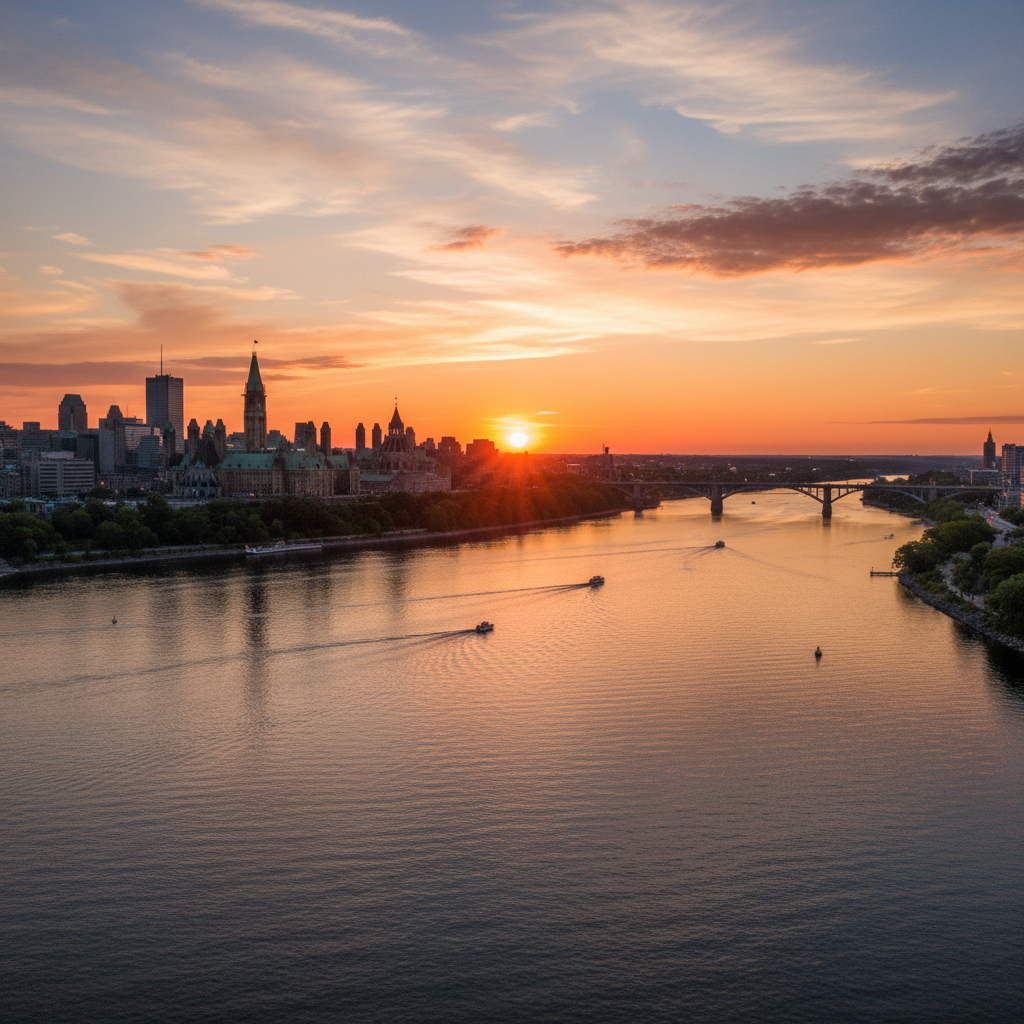 Ottawa skyline from the river at sunset