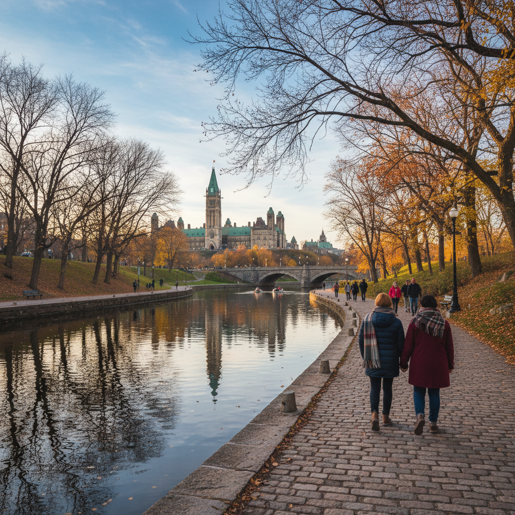 Couple walking along a tree-lined path near the Rideau Canal in Ottawa
