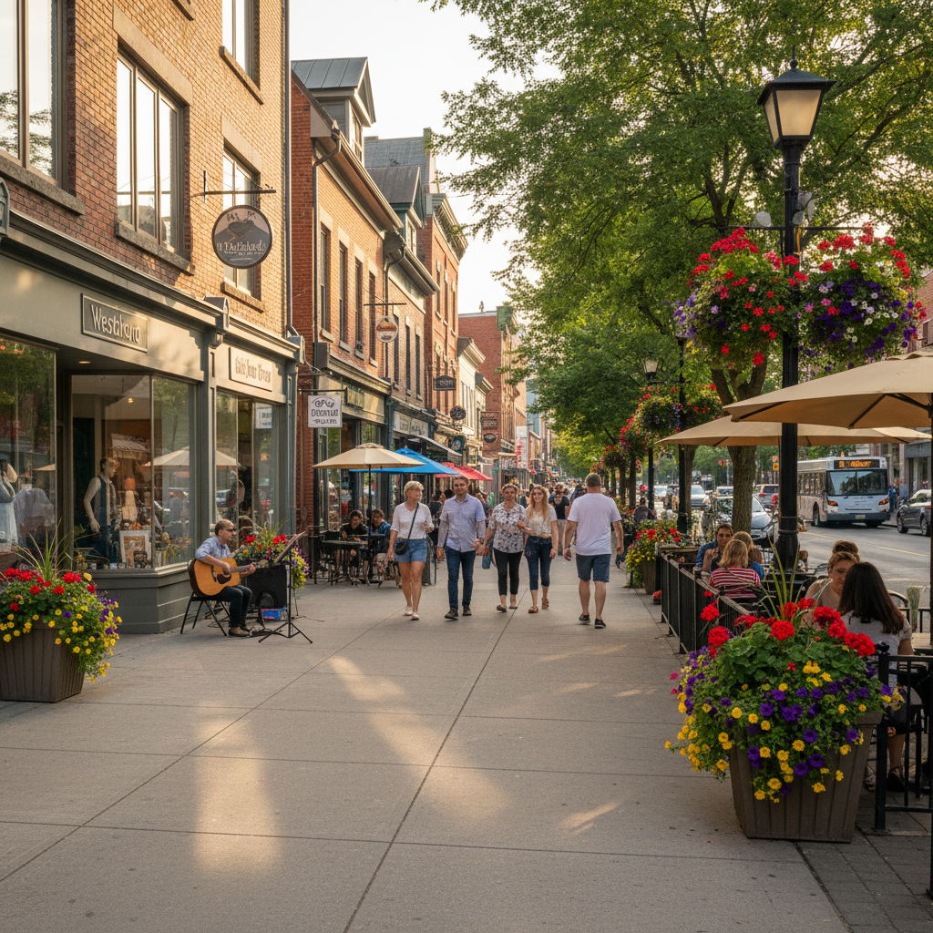 Westboro neighbourhood street scene with shops and cyclists in summer