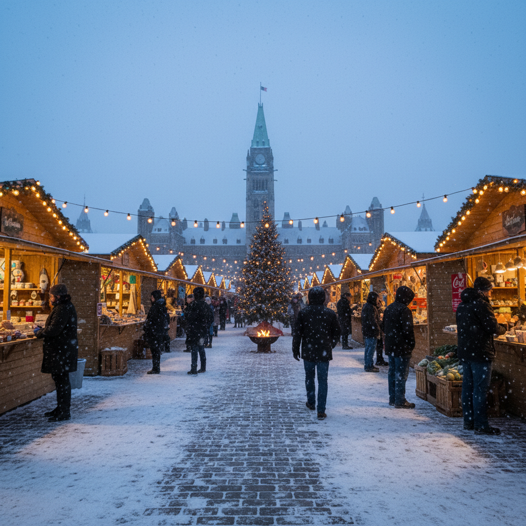 ByWard Market in winter with snow-covered stalls and warm light