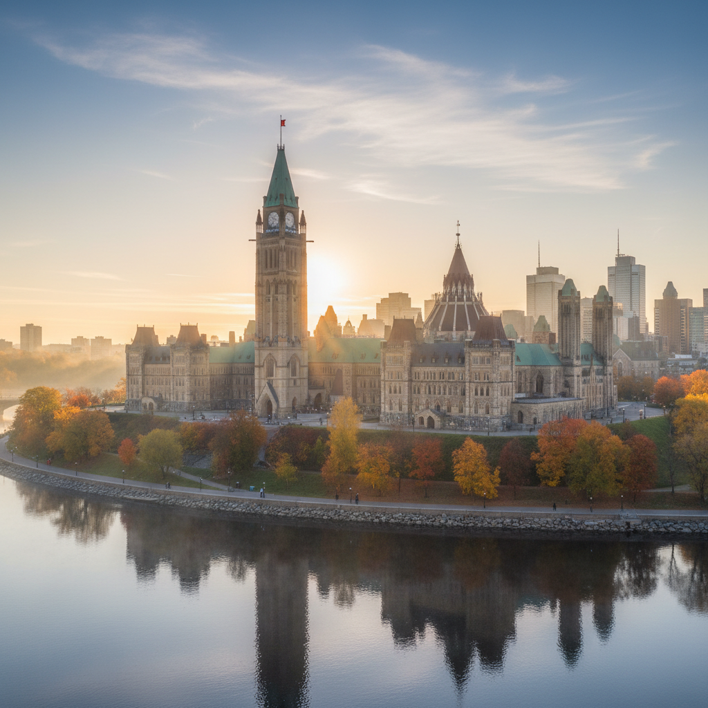 Parliament Hill in morning light from the Ottawa River