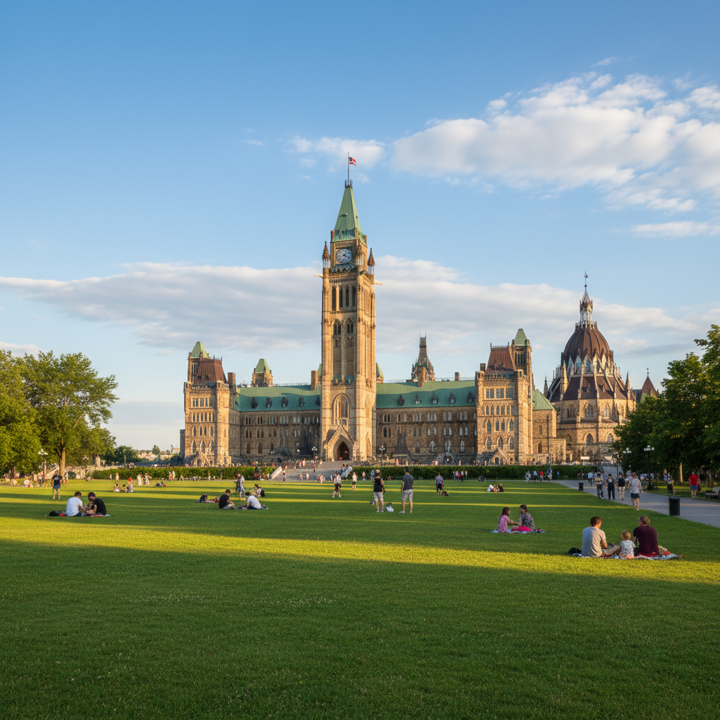 Parliament Hill and the Centre Block from the front lawn on a summer morning