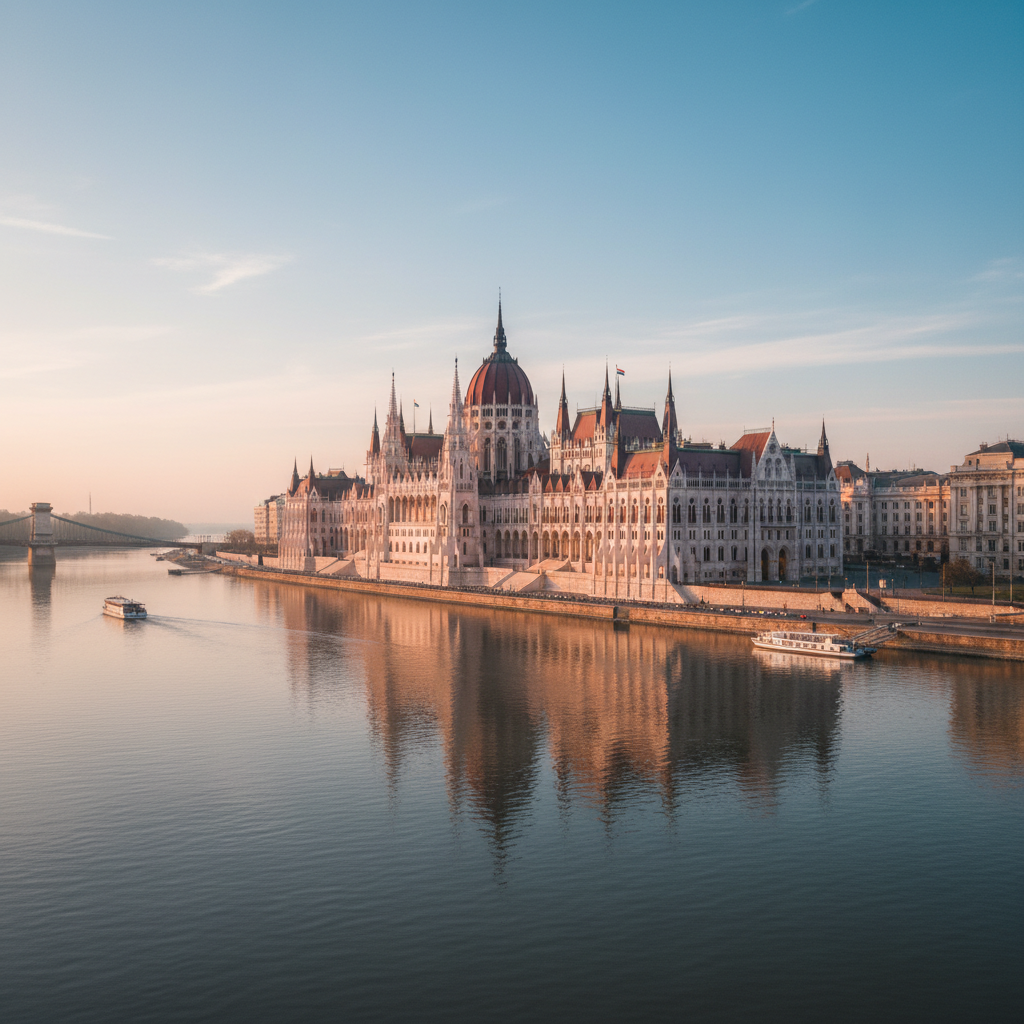 Parliament Hill's Centre Block and Peace Tower in warm morning light from Wellington Street