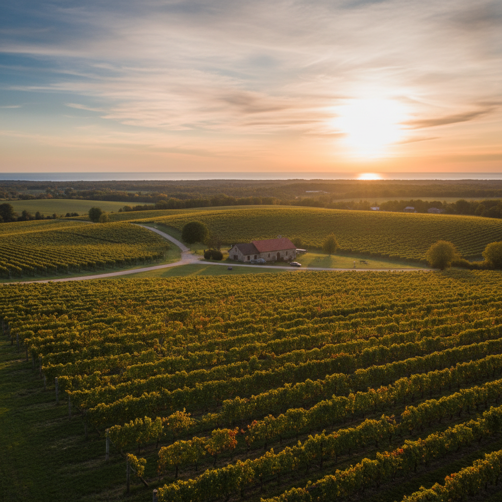 Vineyard rows in Prince Edward County with a stone barn in the background