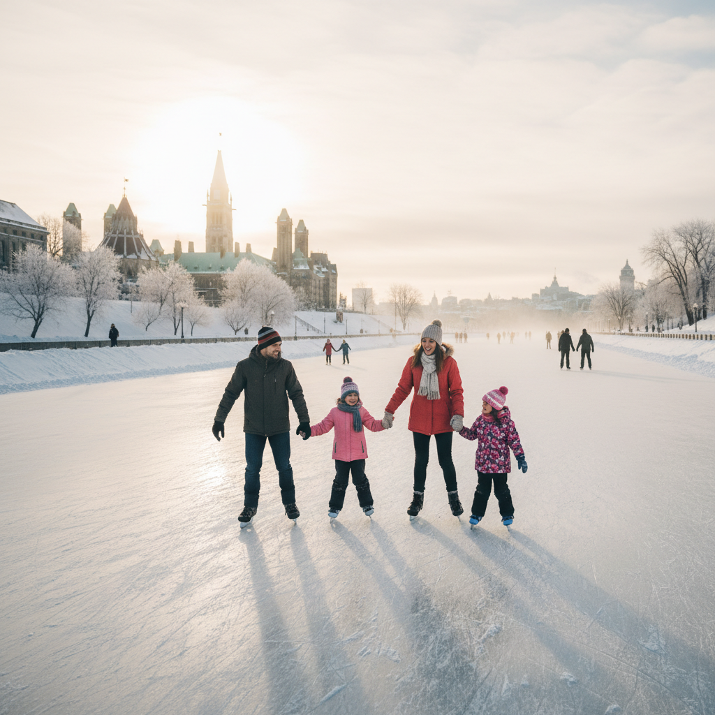 Family skating on the Rideau Canal with the Chateau Laurier in the background