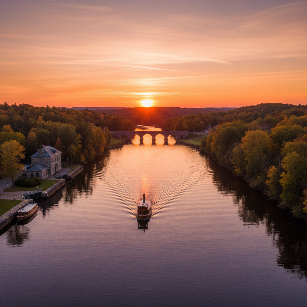 Sunset over a calm stretch of the Rideau Waterway near Westport, Ontario