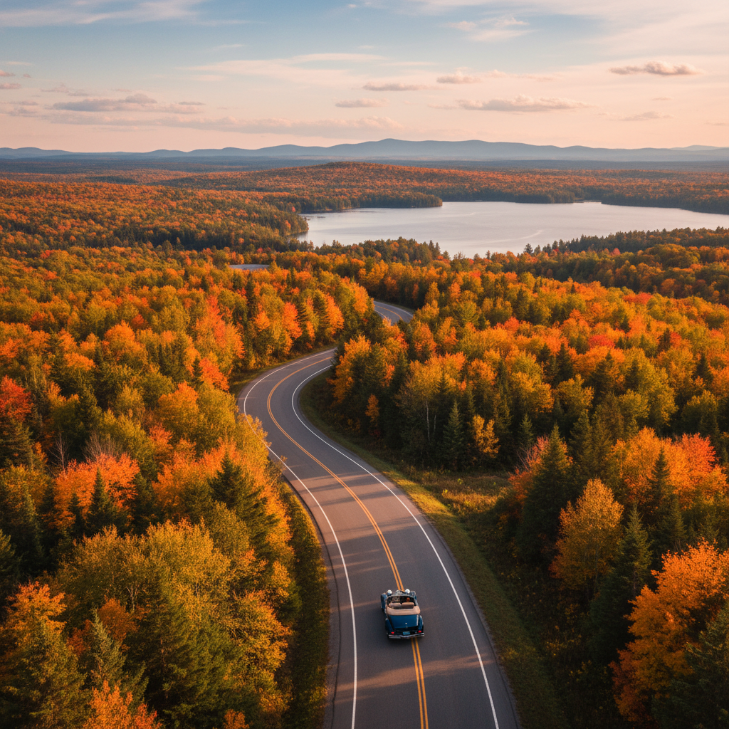 Winding road through the Gatineau Hills in autumn