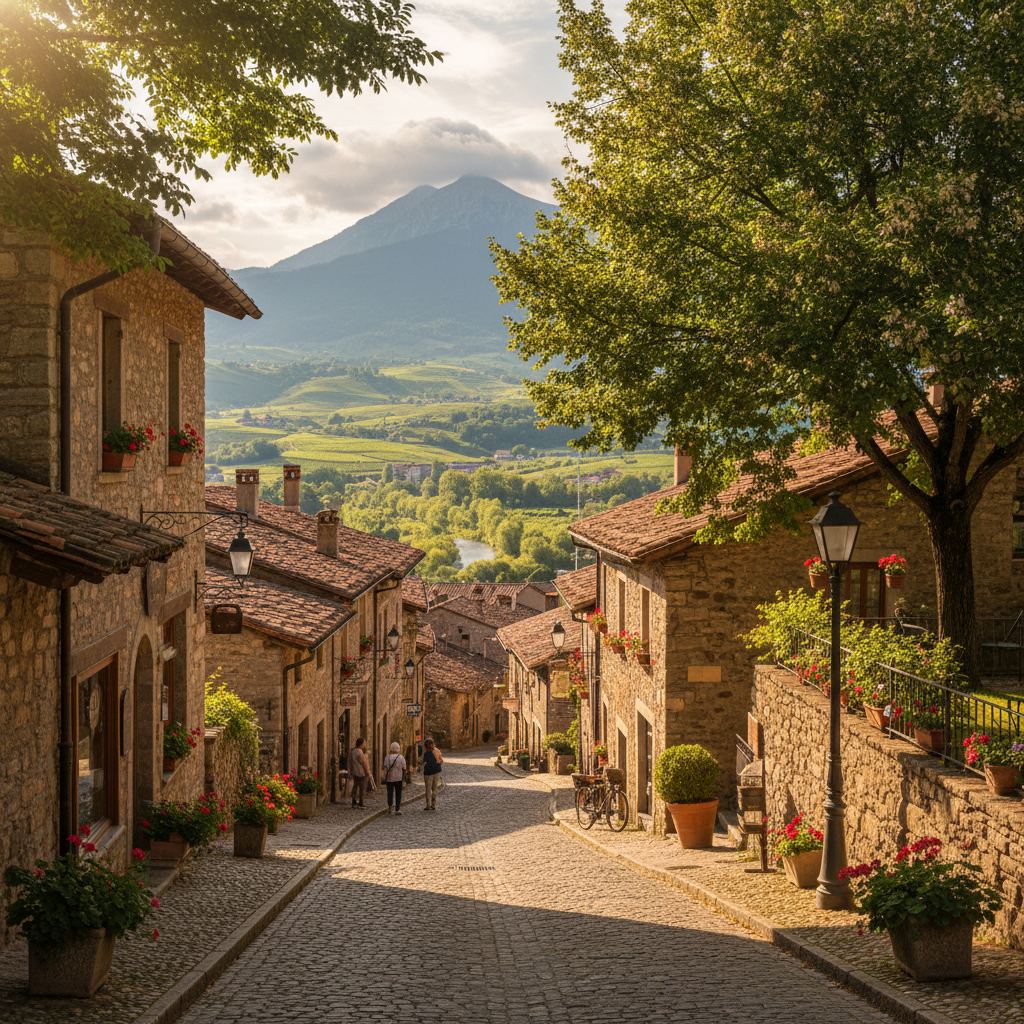 A heritage main street with brick storefronts and flower boxes in a small Ontario town near Ottawa
