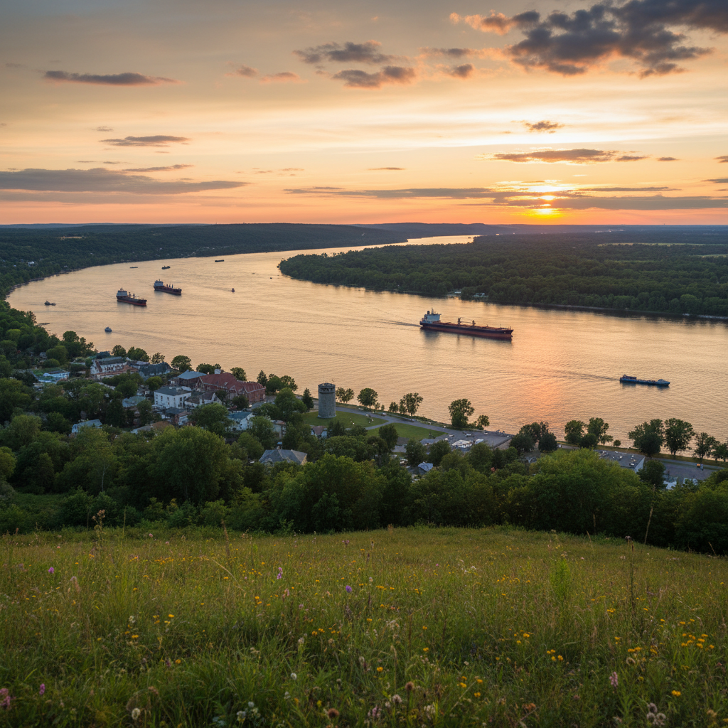 View of the St. Lawrence River from the waterfront at Prescott with the American shore in the distance