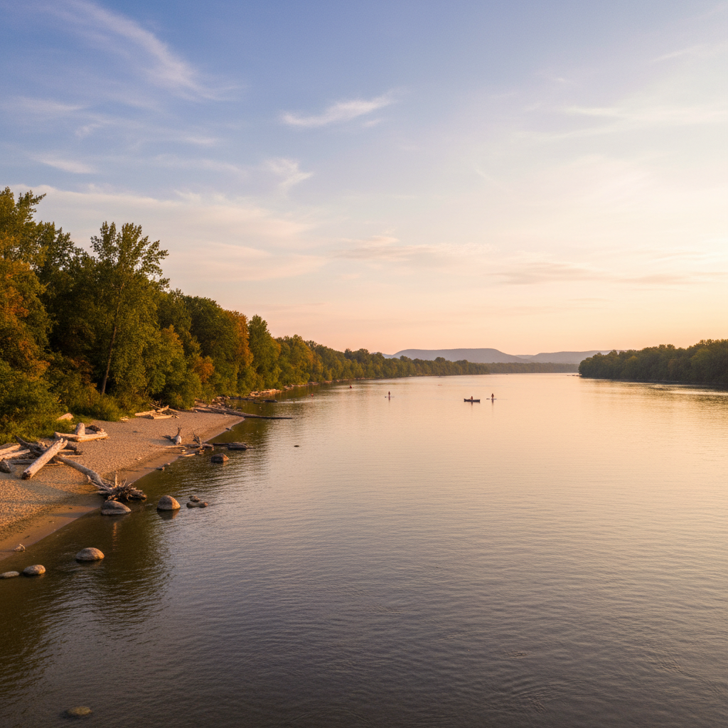 People relaxing at Westboro Beach on the Ottawa River with the city skyline in the distance