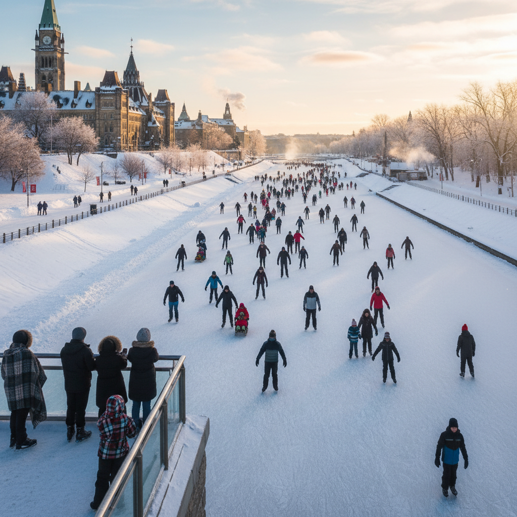 Skaters on the Rideau Canal Skateway during Winterlude with snow-covered banks on either side